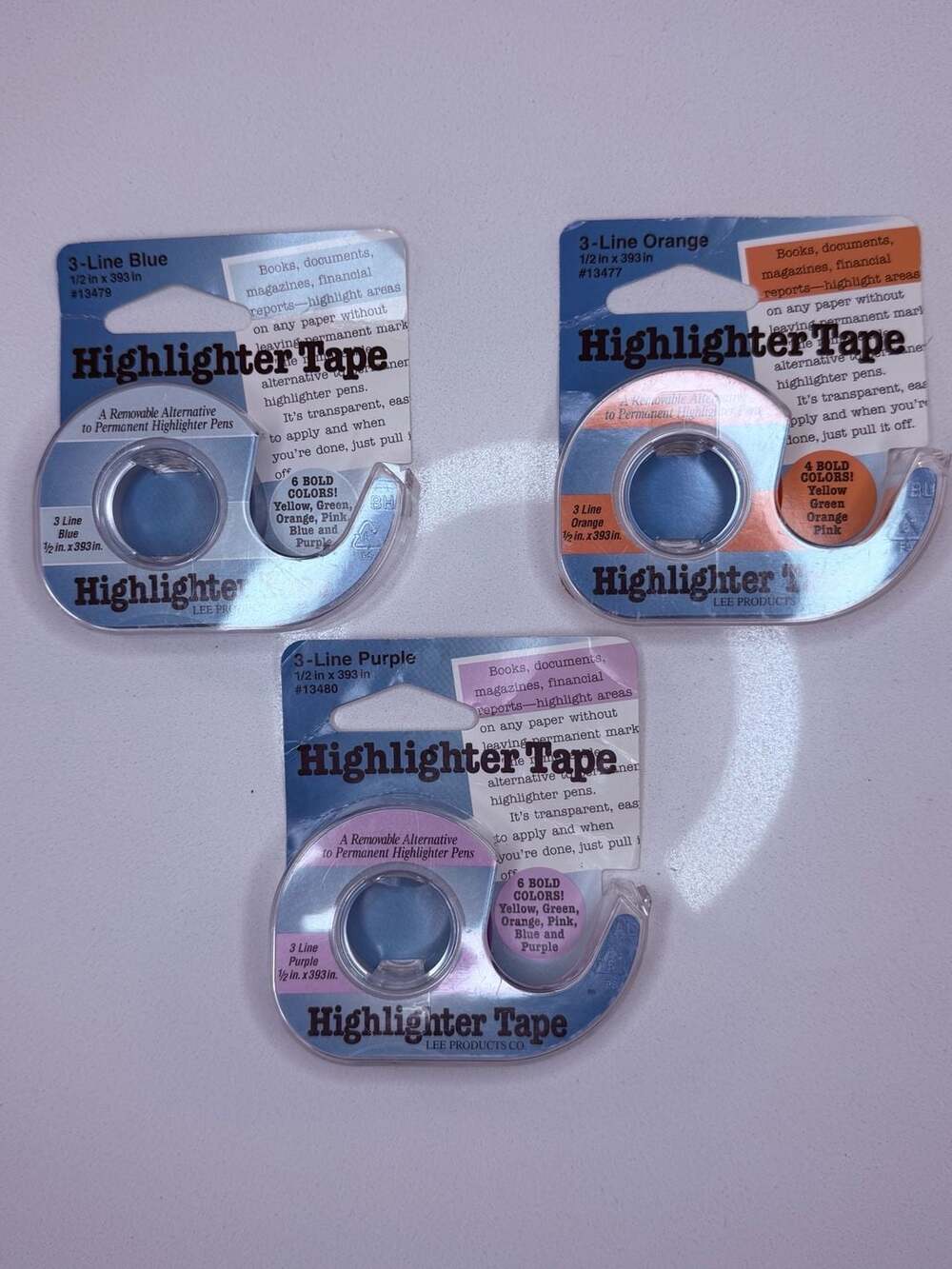 Lee Products Highlighter Tape 1/2 in x 393 in (Set of 3: Blue, Orange, Purple)